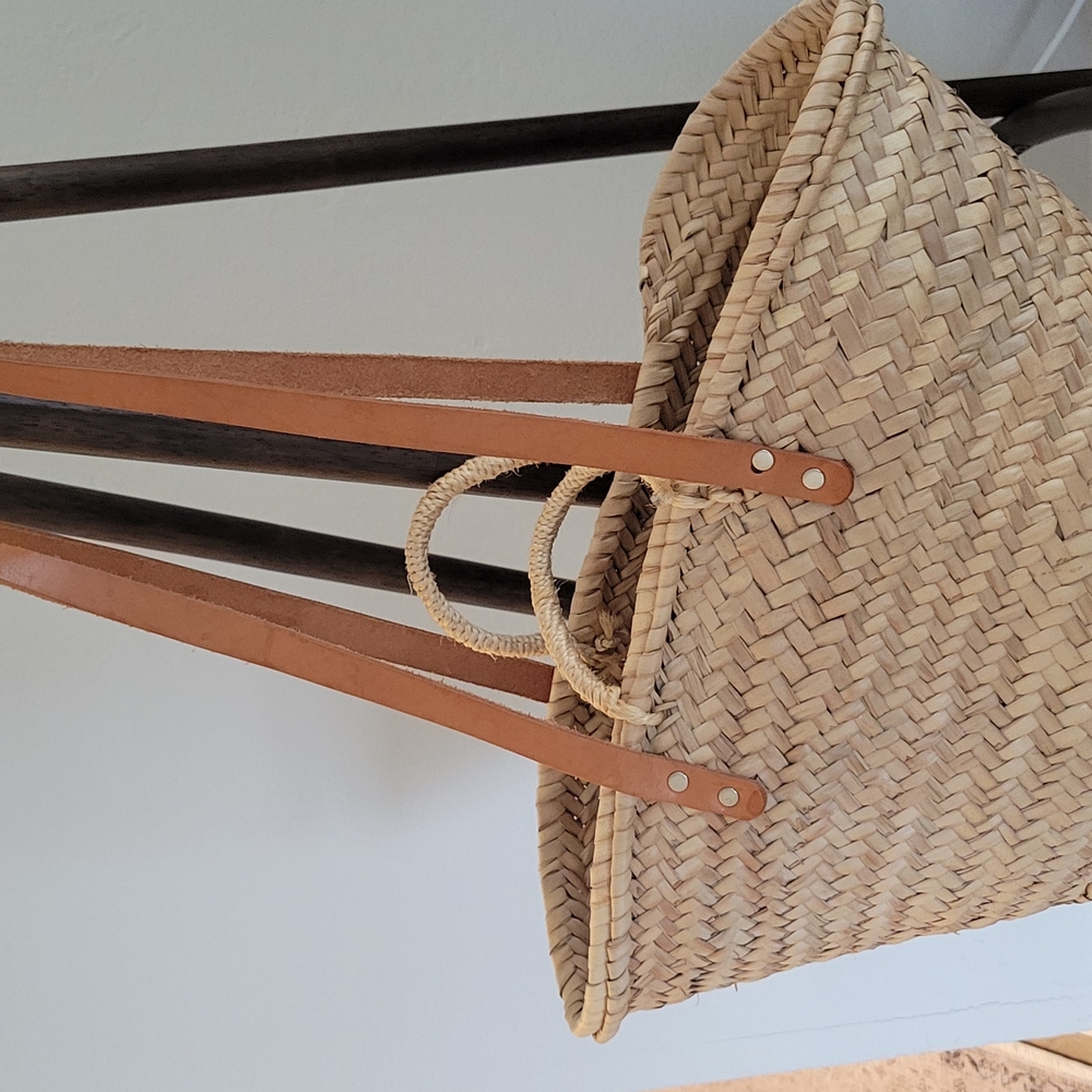 Tan Woven Tote with Leather Straps